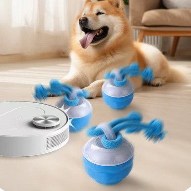 Blue pet toy with a spherical base and two knotted ropes, labeled as a "Second generation blue bird call" toy. - Image 2