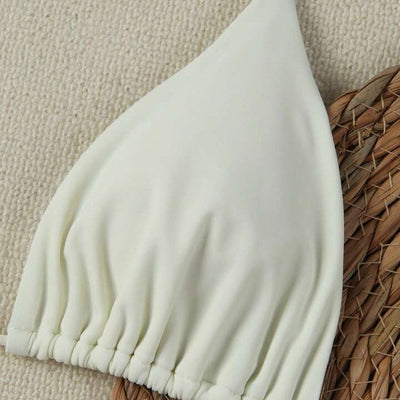 White women's bikini with triangle top and tie-side bottom, featuring a gold starfish charm on the center front. - Image 3