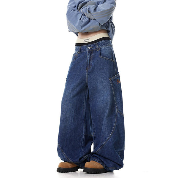Jeans Retro Americano con Bolsillos Grandes y Diseño Machete