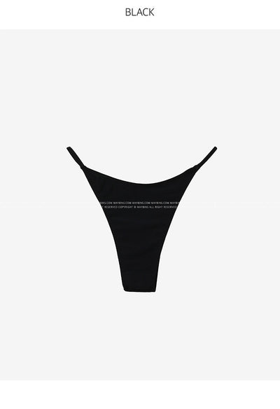 Black pure color bikini with a strapless tie-front bandeau top and matching T-back thong bottoms. - Image 28
