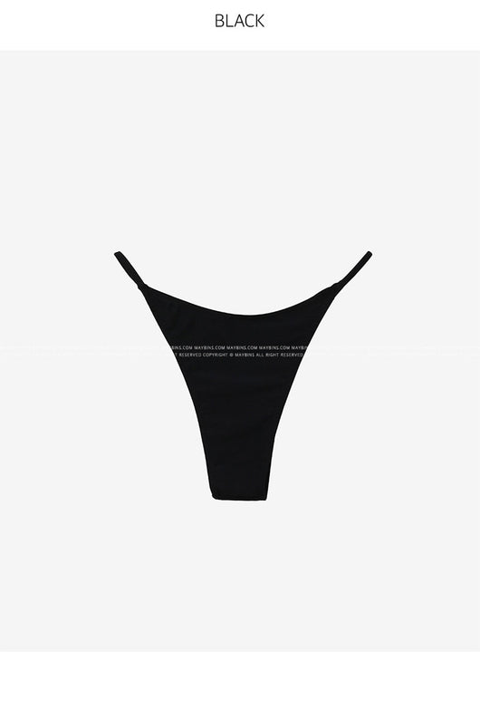 Black pure color bikini with a strapless tie-front bandeau top and matching T-back thong bottoms. - Image 28