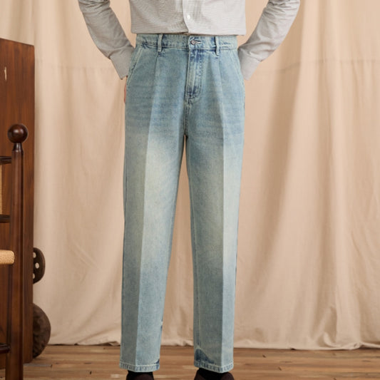 Jeans Vintage Lavados de Algodón Mezclado, Cintura Media y Corte Recto para Diario