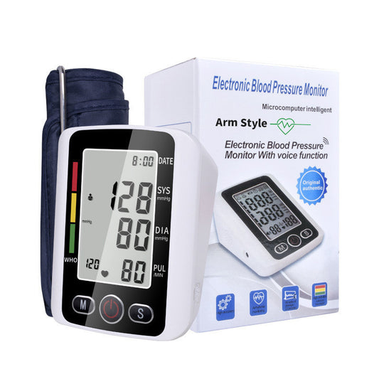 White electronic arm blood pressure monitor with large digital display and dark blue cuff, next to its product box. - Image 2