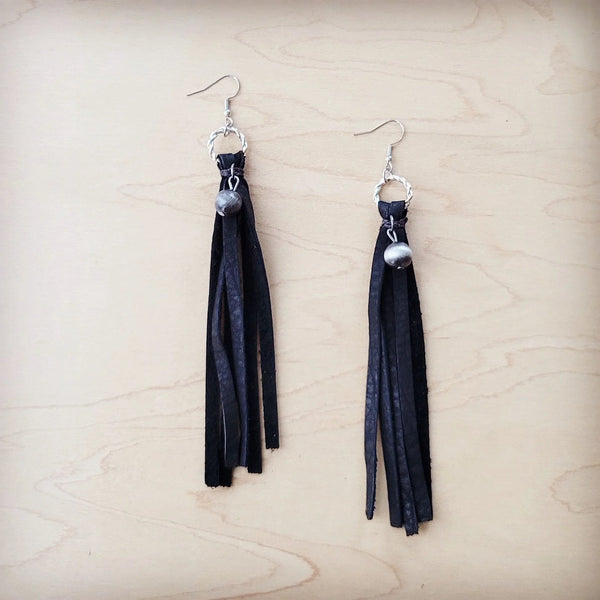 **Black Leather Fringe Earrings with Silver Bead Accent-Black 200c