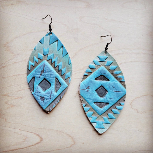 **Leather Oval Earrings-Aztec Cyan 210d