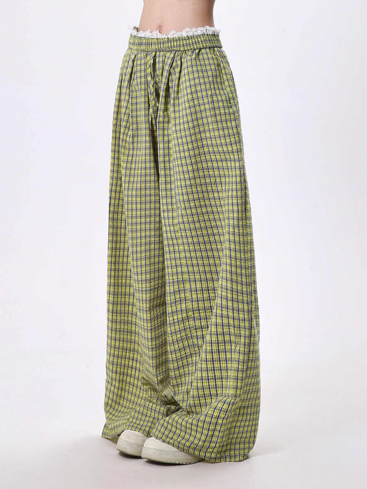 Pantalones Mujer Cuadros con Costuras de Encaje Cintura Alta Pierna Ancha - Image 8