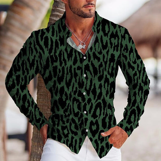 Camisa Estampada de Manga Larga con Solapa para Hombre