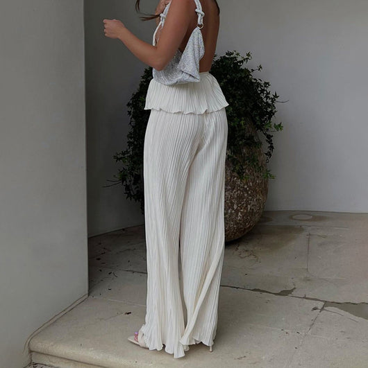 Conjunto de Pantalón Ancho Cintura Alta y Chaleco Plisado sin Mangas - Blanco - Image 11