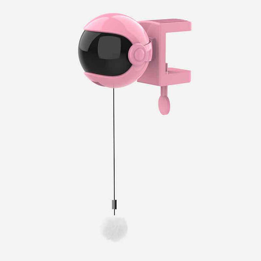 Pink automatic lifting cat toy with a black visor-like front, a clamp, and a white fluffy ball on a string. - Image 11