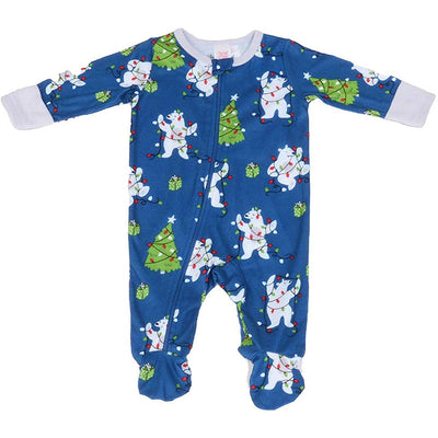 Family of four wearing matching Christmas pajamas with polar bears, string lights, and Christmas trees. - Image 12