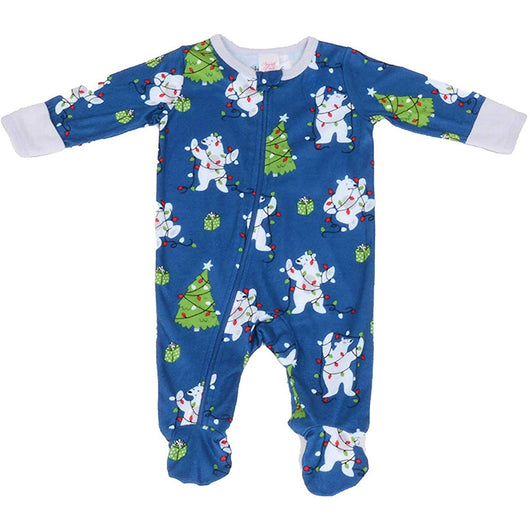 Family of four wearing matching Christmas pajamas with polar bears, string lights, and Christmas trees. - Image 12