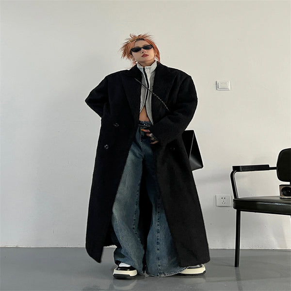 Abrigo de Lana Grueso Largo Suelto Negro Estilo Británico - Image 3