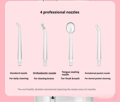 Pink portable electric oral irrigator with clear water tank and four nozzles, highlighting adjustable pressure and pulse mode. - Image 15