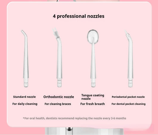 Pink portable electric oral irrigator with clear water tank and four nozzles, highlighting adjustable pressure and pulse mode. - Image 15