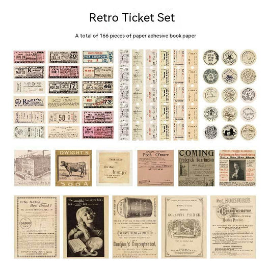 166 vintage-style decorative stickers featuring retro advertisements, tickets, and illustrations for scrapbooking and journaling. - Image 7