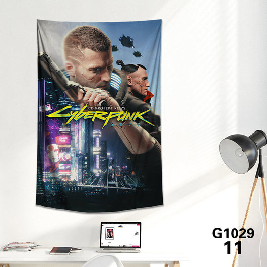 Cyberpunk 2077 tapestry featuring V and Jackie Welles with a neon-lit futuristic city skyline background. - Image 8