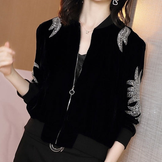 Chaqueta Beisbolera Terciopelo Negro y Dorado Estilo Extranjero