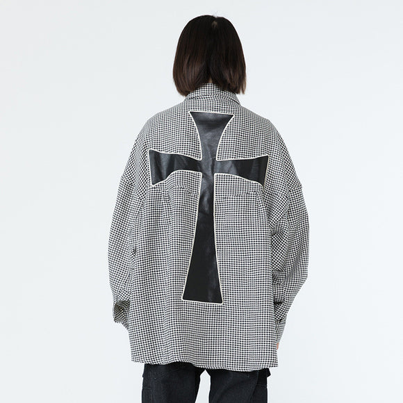 Unisex Plaid Shirt with Embroidered Cross Long Sleeve