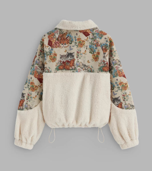 Sudadera con Capucha y Cuello Solapa Estampado Gato Floral para Mujer - Image 2