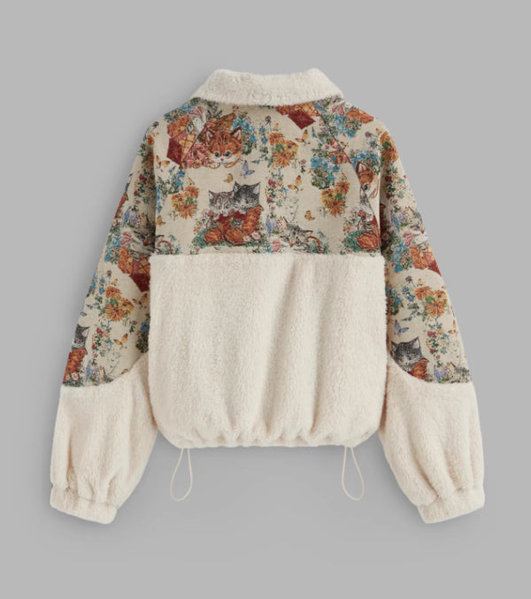 Sudadera con Capucha y Cuello Solapa Estampado Gato Floral para Mujer