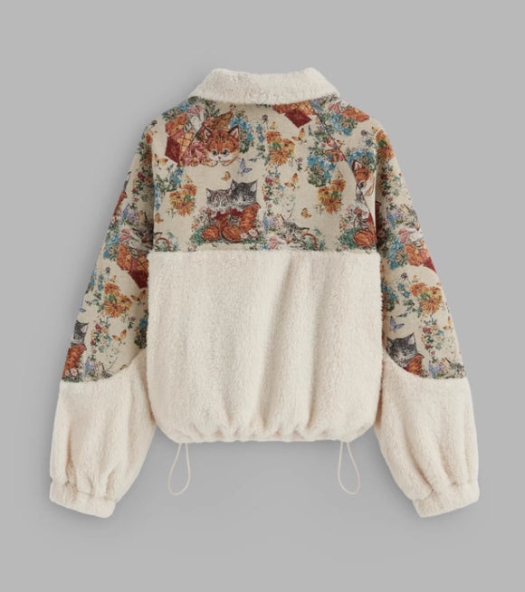 Sudadera con Capucha y Cuello Solapa Estampado Gato Floral para Mujer