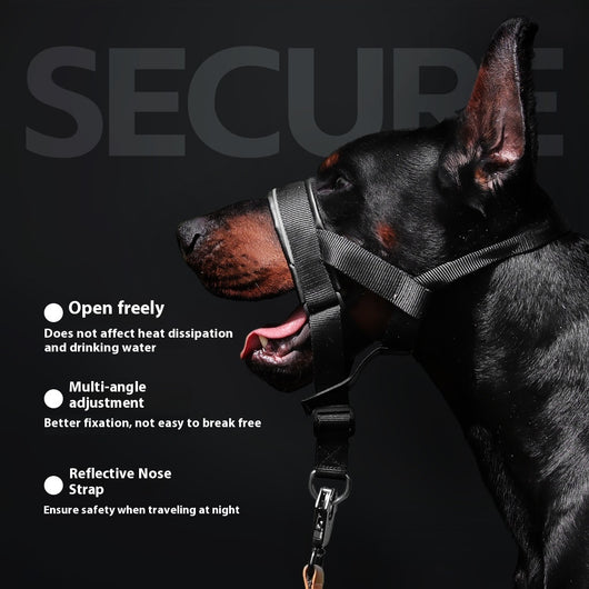 Black and brown leather and nylon dog muzzle with adjustable straps and a D-ring, shown with a size chart. - Image 3