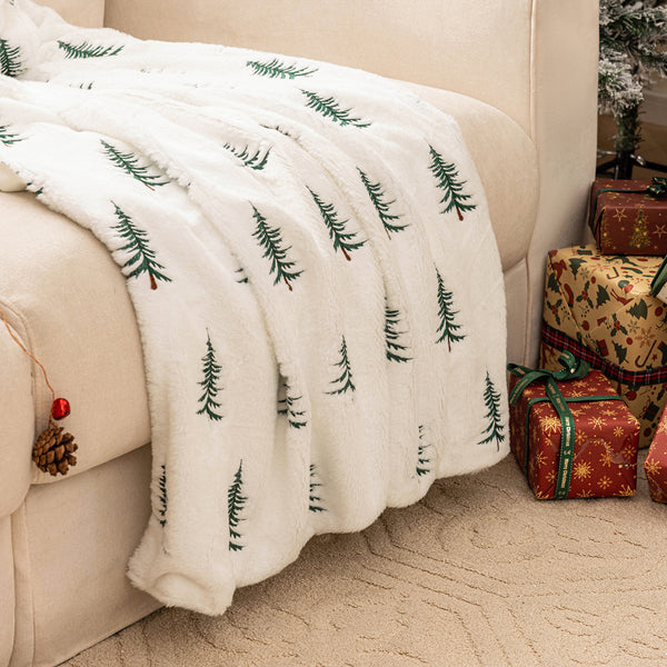 Manta Navideña para Sofá con Bordado de Árbol de Navidad