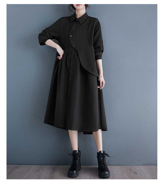 Vestido Camisero Negro Estilo Hepburn Irregulares - Image 9