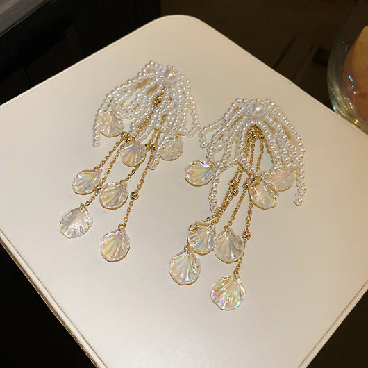 Aretes Largos de Perlas con Moño y Concha - Image 4