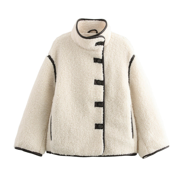 Abrigo Mujer Cuello Alto Contraste Botones Suelto y Cálido Invierno
