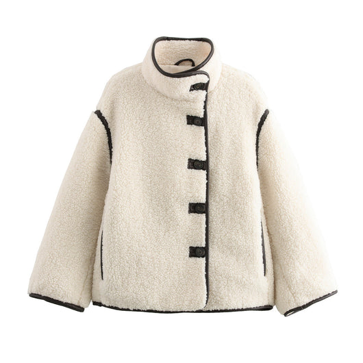 Abrigo Mujer Cuello Alto Contraste Botones Suelto y Cálido Invierno