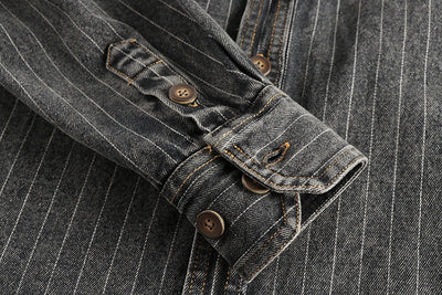 Camisa Denim Retro Británica a Rayas Negras y Grises para Hombre - Image 9