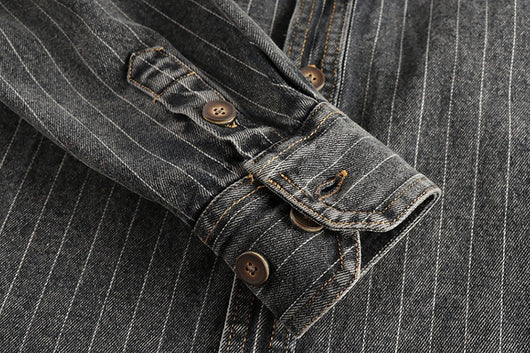 Camisa Denim Retro Británica a Rayas Negras y Grises para Hombre - Image 9