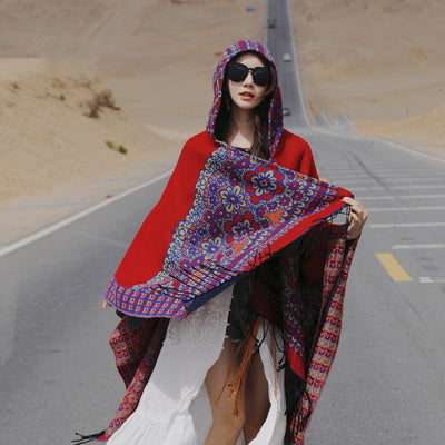 Poncho Étnico Desértico de Cashmira Artificial para Otoño e Invierno