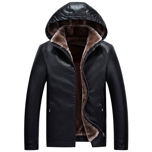 Chaqueta de Cuero PU con Capucha y Forro Polar Grueso para Hombre - Invierno