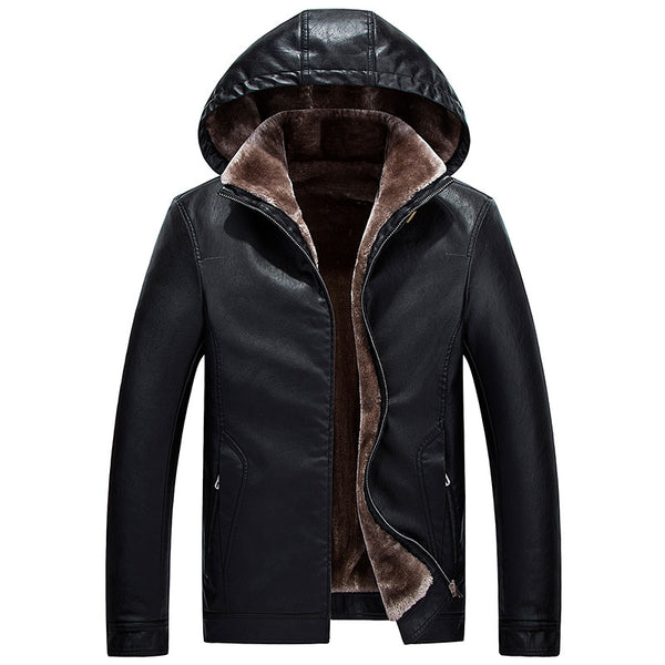 Chaqueta de Cuero PU con Capucha y Forro Polar Grueso para Hombre - Invierno