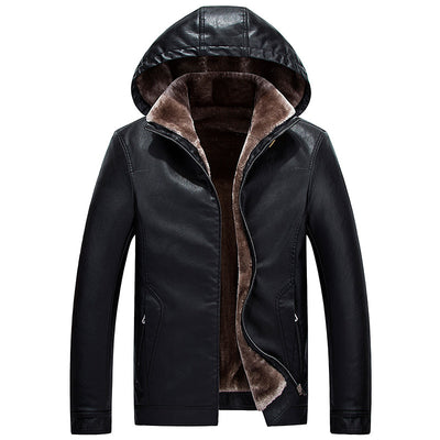 Chaqueta de Cuero PU con Capucha y Forro Polar Grueso para Hombre - Invierno