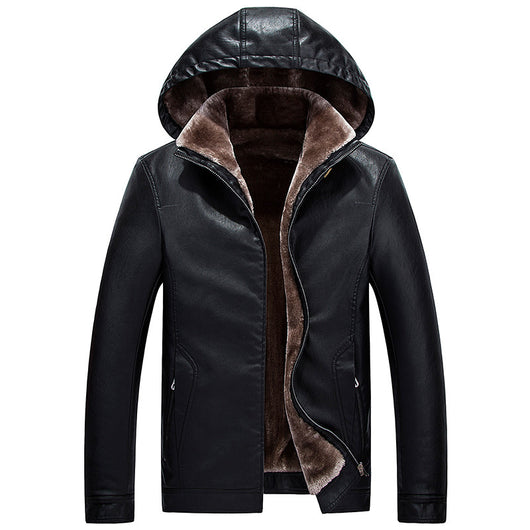 Chaqueta de Cuero PU con Capucha y Forro Polar Grueso para Hombre - Invierno