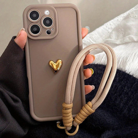 Funda de Silicona para Celular con Diseño de Corazón y Cordón Dorado
