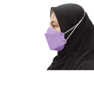 Orange KF94-style headloop face mask worn by an adult with a black hijab, designed for respiratory protection. - Image 16