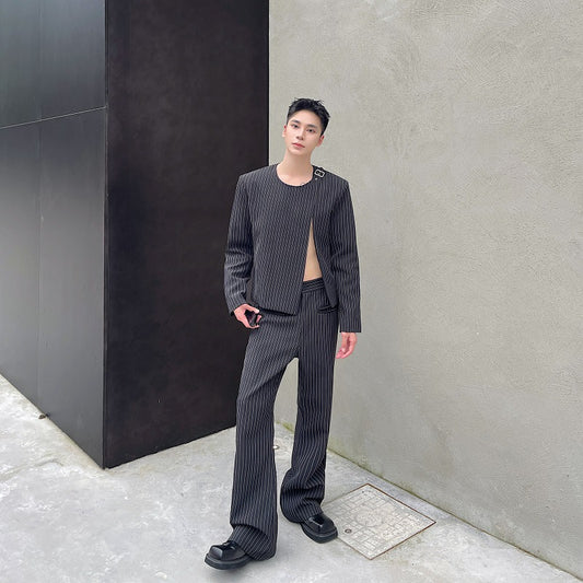 Traje Corto Casual Otoño a Rayas Cuello Redondo Bootcut
