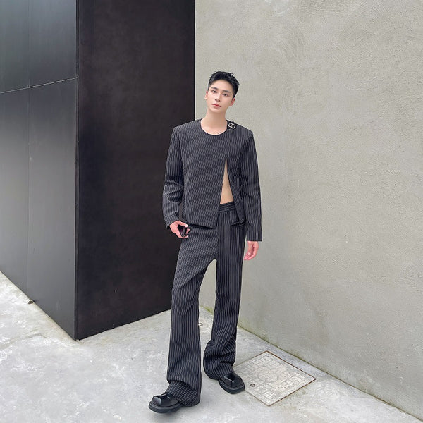 Traje Corto Casual Otoño a Rayas Cuello Redondo Bootcut