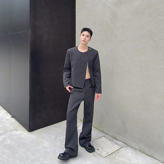 Traje Corto Casual Otoño a Rayas Cuello Redondo Bootcut