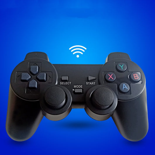 Black retro arcade game stick with two wireless controllers featuring joysticks and colored action buttons. - Image 3