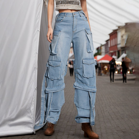 Pantalón Cargo Denim con Diseño de Cinta Decorativa y Bolsillos Múltiples - Image 18