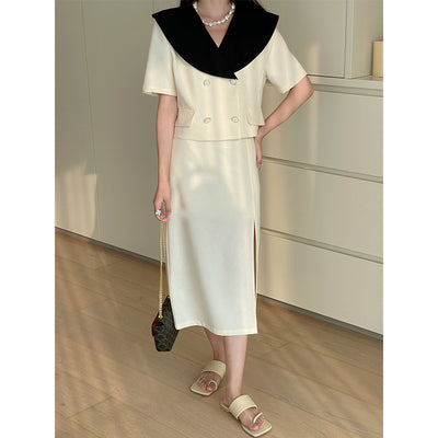Traje de Solapa Ancha con Patchwork Contrastado y Cintura Alta - Image 7