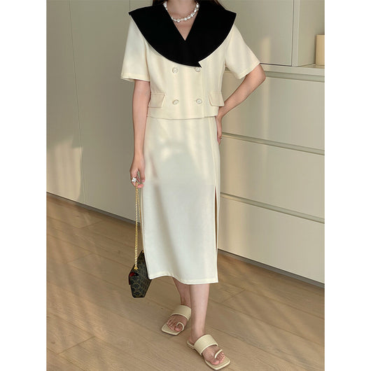 Traje de Solapa Ancha con Patchwork Contrastado y Cintura Alta - Image 7