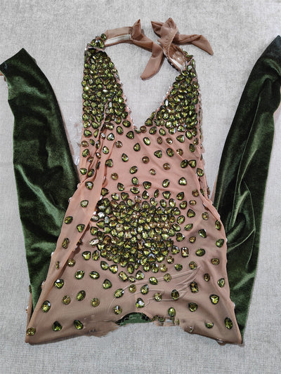 Traje de Presentación Elástico Gris Terciopelo con Cristales Brillantes para Mujer - Image 5