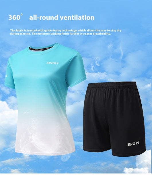 Purple and white gradient short-sleeve t-shirt with 'SPORT' text and black athletic shorts for women. - Image 30