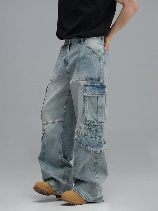 Pantalones Vaqueros de Trabajo Multibolsillos Lavados - Corte Ancho Casual para Hombre - Image 11